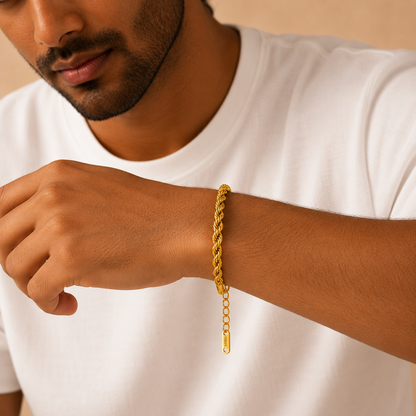 Golden Rope Flexi Size Steel Regular Bracelet (6MM) | 18K PVD Gold Plated- For Men | Includes: Bracelet