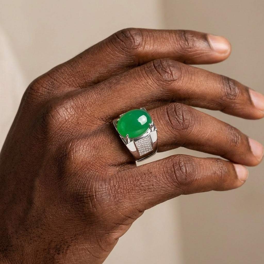 Green REAL STONE Zircon Ring | Pure Silver Plated Steel– For Men | Includes: Ring