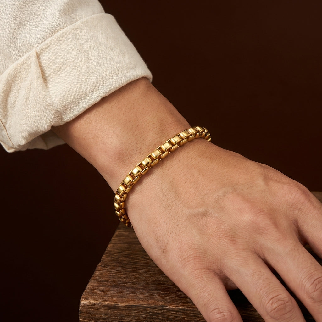 Golden Box Design Flexi Size Steel Regular Bracelet (6MM) | 18K PVD Gold Plated- For Men | Includes: Bracelet