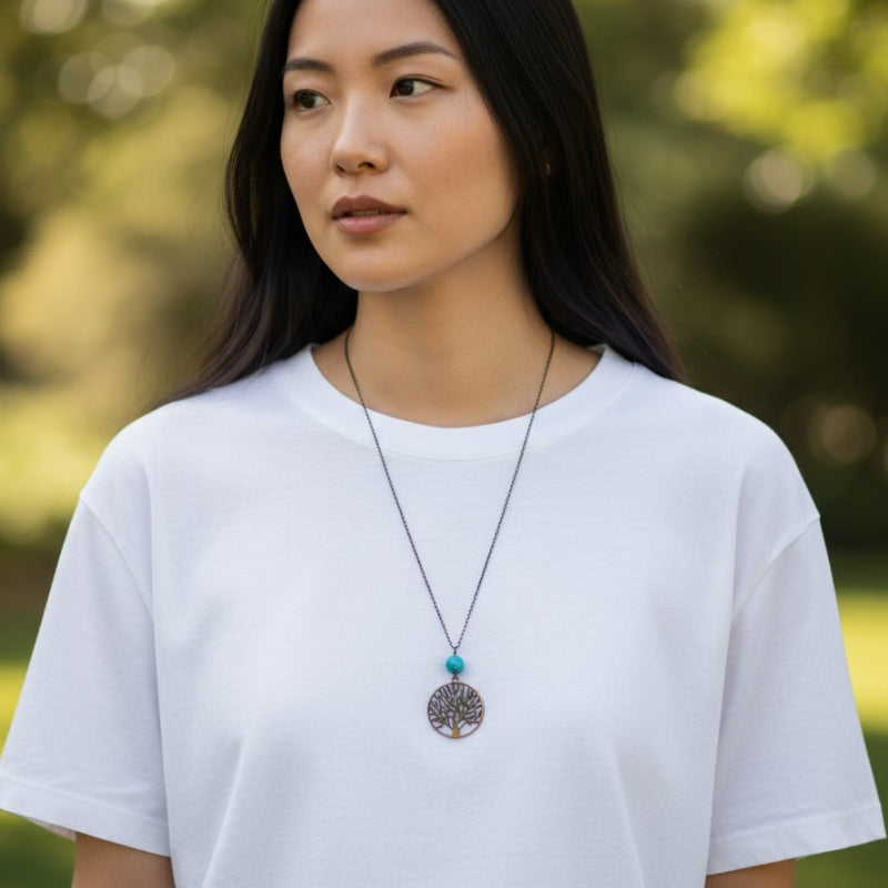 Leafy Tree Turquoise Necklace | Brass & Turquoise - For Women | Includes: Necklace