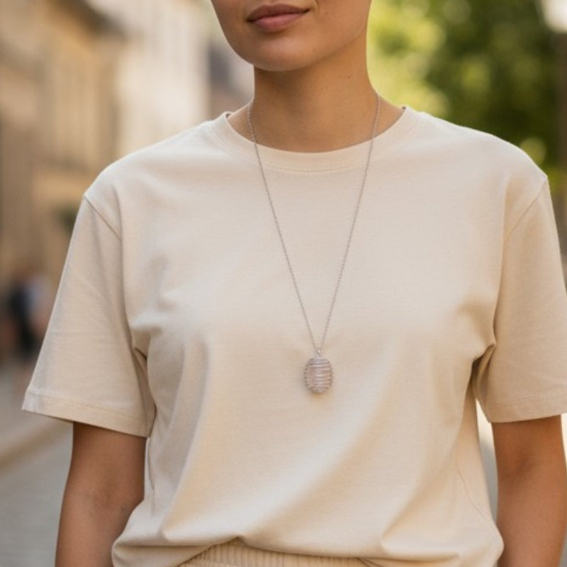 Chunky Whirl Silverish Rose Necklace | Rose Quartz - For Women | Includes: Necklace