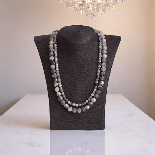Double Layered Shadow Stone Necklace | Tree Agate Stone - For Women | Includes: Necklace (Set Of 2)