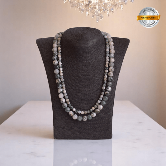 Double Layered Shadow Stone Necklace | Tree Agate Stone - For Women | Includes: Necklace (Set Of 2)
