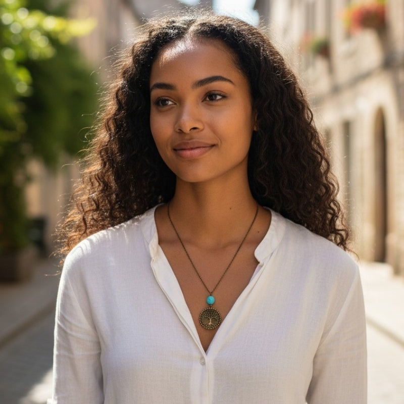 Tree of Life Turquoise Necklace | Brass & Turquoise - For Women | Includes: Necklace