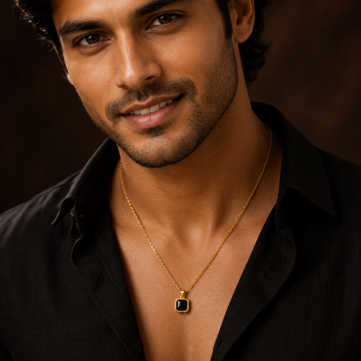 Black Center Piece Men's Dainty Necklace | 18K PVD Gold Plated - For Men| Includes: Necklace
