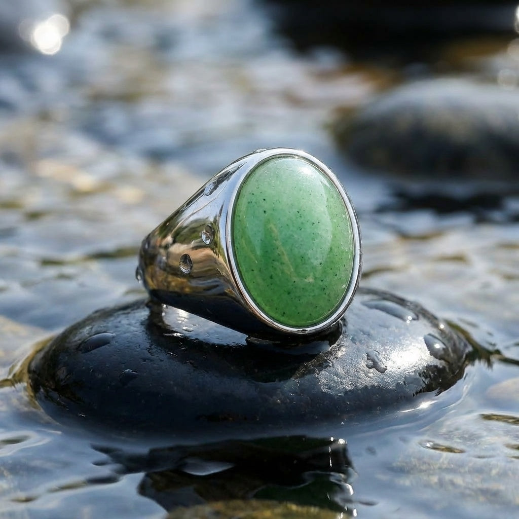 Natural Green Jade Stone Golden Titanium Steel Ring | PVD Plated– For Men | Includes: Ring