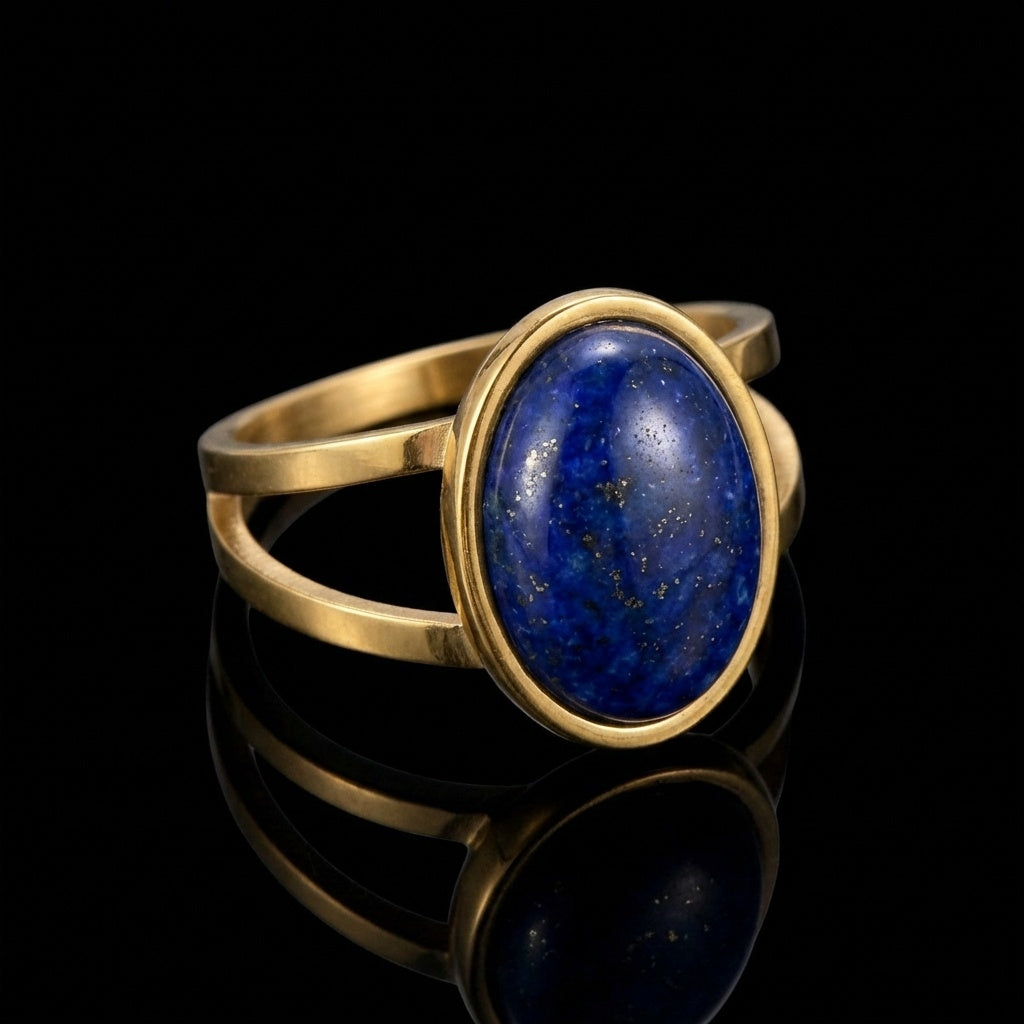 Lapis Lazuli Stone Golden Dual Band Oval Ring | 18K Real Gold PVD Plated– For Men | Includes: Ring