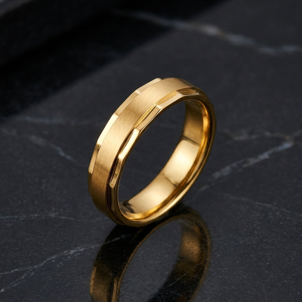 Premium side faceted Golden Steel Ring | 18K Real Gold PVD Plated– For Men | Includes: Ring