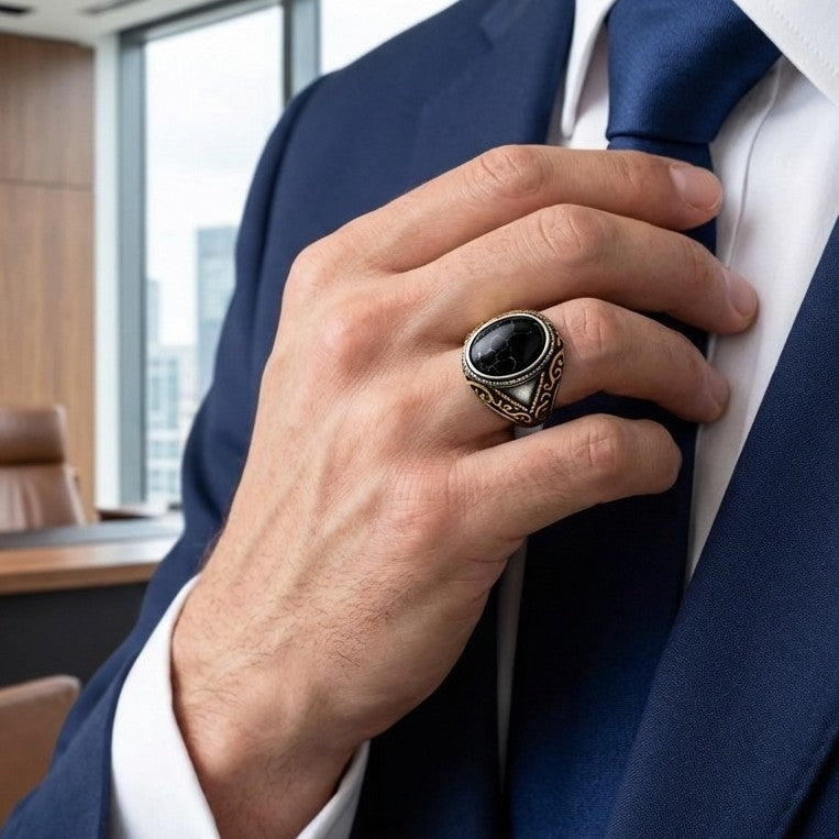 Black Turquoise Stone Arabic Ring | Titanium Steel– For Men | Includes: Ring