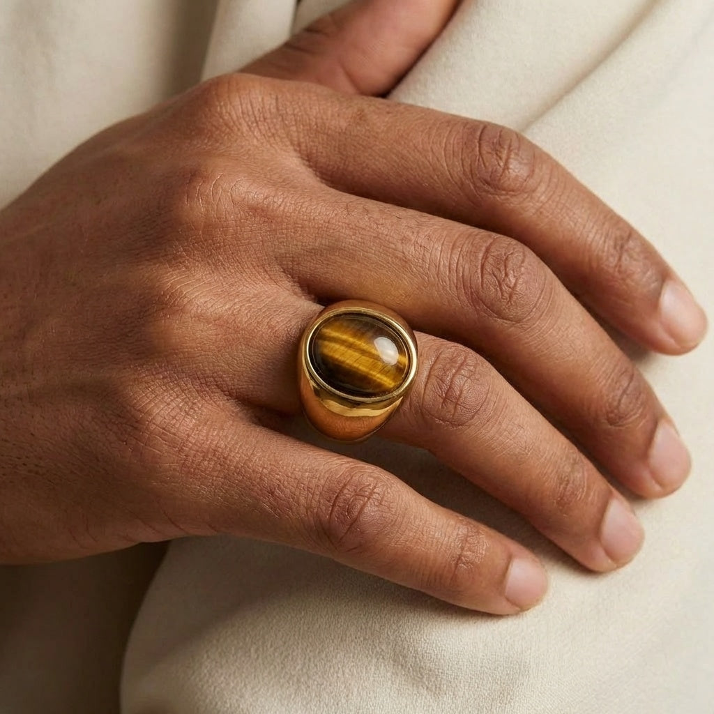 Natural BOLD Tiger Eye Stone Golden Ring | 18K Real Gold PVD Plated– For Men | Includes: Ring