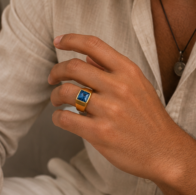 Golden Regular Light Blue Square Zircon Titanium Ring | 18K Real Gold PVD Plated– For Men | Includes: Ring