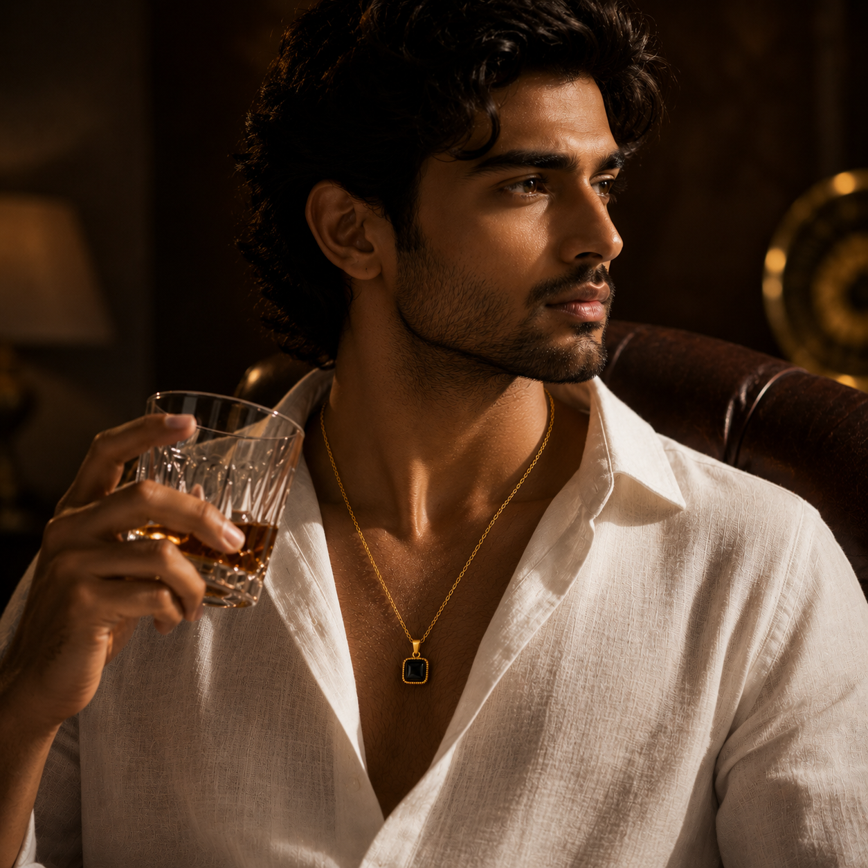 Black Center Piece Men's Dainty Necklace | 18K PVD Gold Plated - For Men| Includes: Necklace
