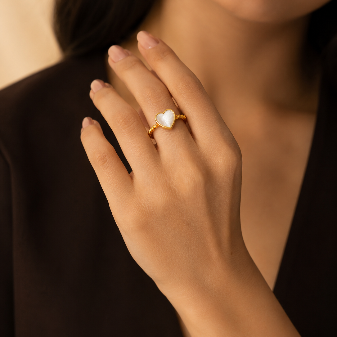 Natural Sheel Heart-Rope Flexi Size Ring | 18K PVD Gold Plated- For Women | Includes: Ring