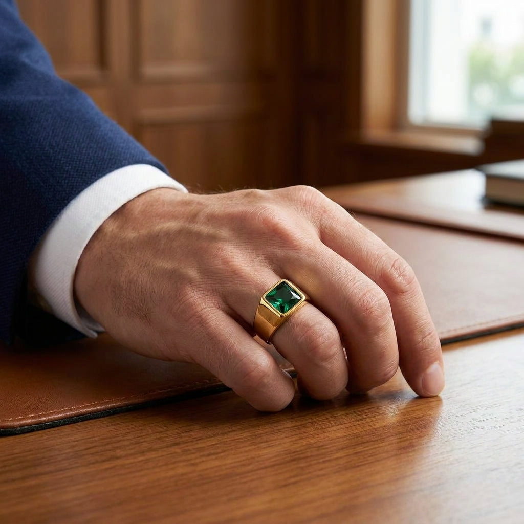Golden Regular Green Square Zircon Titanium Ring | 18K Real Gold PVD Plated– For Men | Includes: Ring