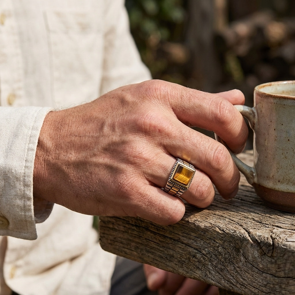 Natural Tiger Eye Stone Pyramid Ring | TITANIUM STEEL– For Men | Includes: Ring