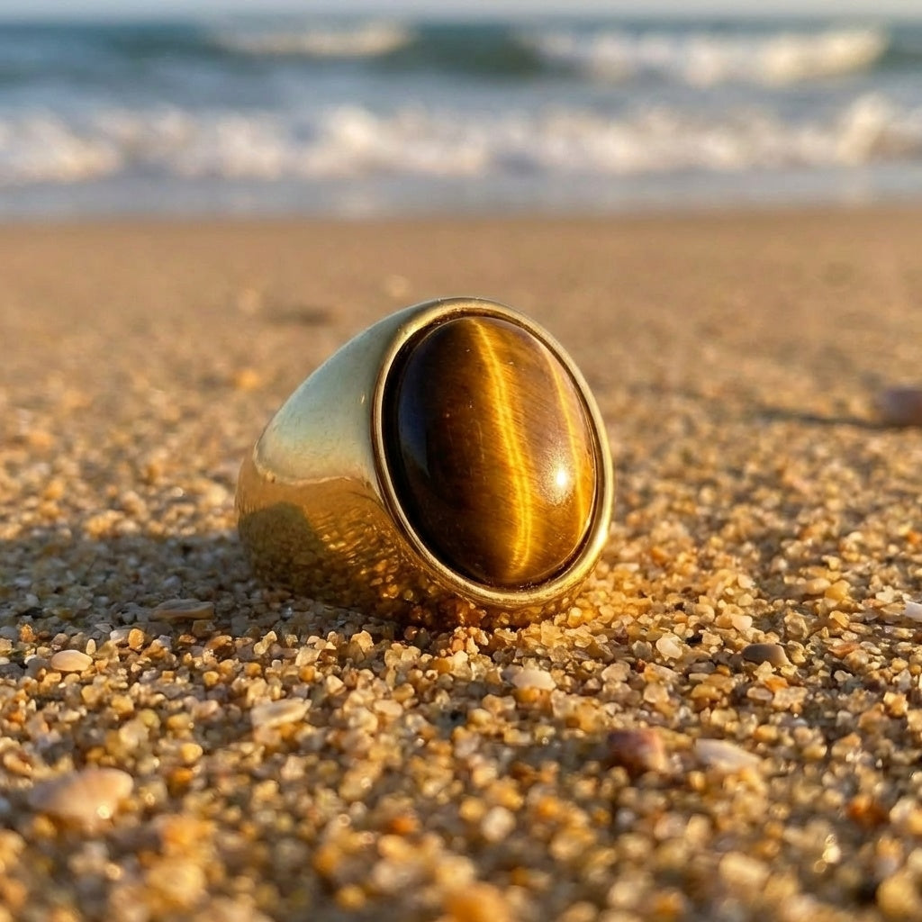 Natural BOLD Tiger Eye Stone Golden Ring | 18K Real Gold PVD Plated– For Men | Includes: Ring