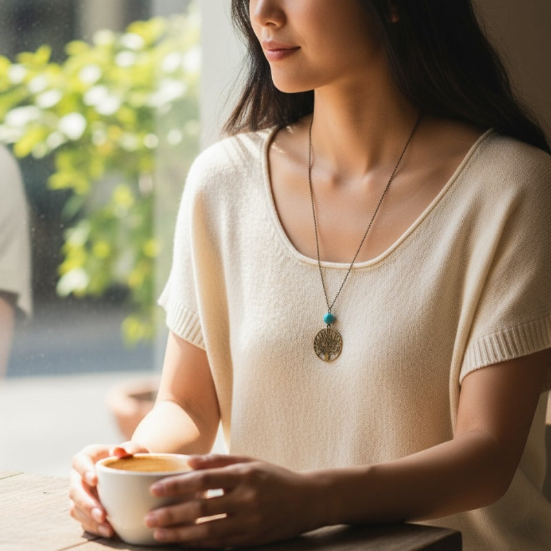 Leafy Tree Turquoise Necklace | Brass & Turquoise - For Women | Includes: Necklace