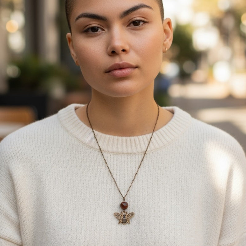 Dainty Bronze Honey Bee Necklace | Red Tiger Eye - For Women | Includes: Necklace