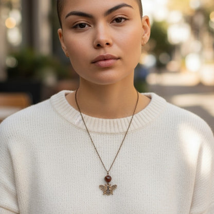 Dainty Bronze Honey Bee Necklace | Red Tiger Eye - For Women | Includes: Necklace