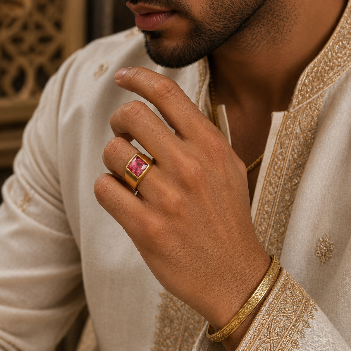 Golden Regular Pink Square Zircon Titanium Ring | 18K Real Gold PVD Plated– For Men | Includes: Ring