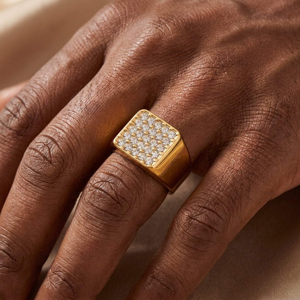 Golden Multi Zircon Square Inlay Steel Ring | 18K Real Gold PVD Plated– For Men | Includes: Ring