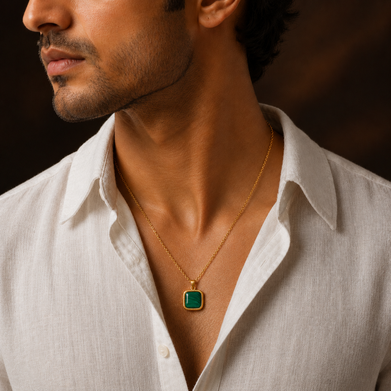 Malachite Center Piece Men's Dainty Necklace | 18K PVD Gold Plated - For Men| Includes: Necklace