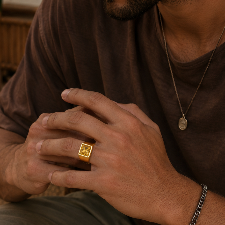 Golden Regular Yellow Square Zircon Titanium Ring | 18K Real Gold PVD Plated– For Men | Includes: Ring