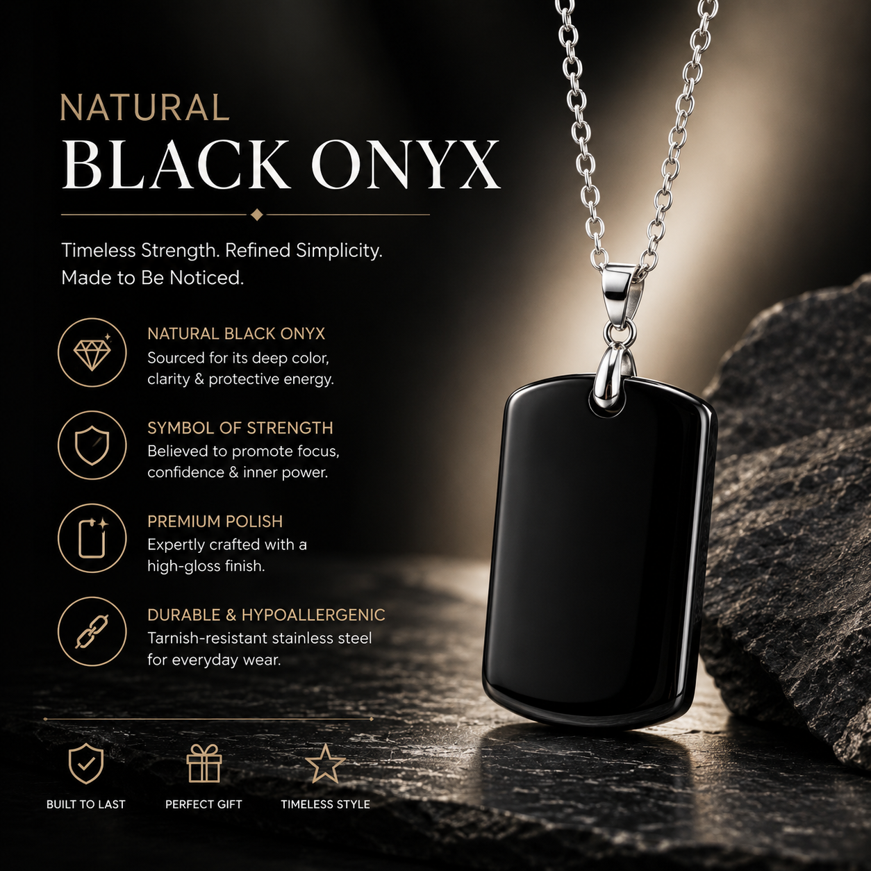 Black Onyx REAL Stone Men's Necklace | Stainless Steel - For Men| Includes: Necklace