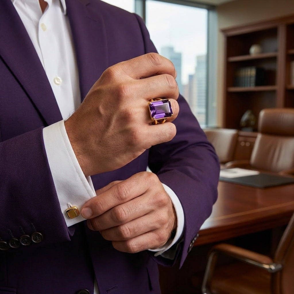 BOLD Natural Amethyst Stone Golden Flexi Size Ring | 18K Real Gold PVD Plated– For Men | Includes: Ring