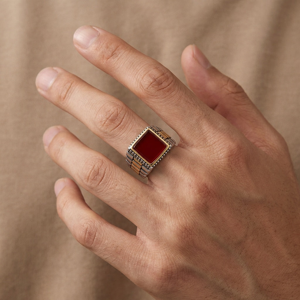 Natural Red Onyx Stone Pyramid Ring | TITANIUM STEEL– For Men | Includes: Ring