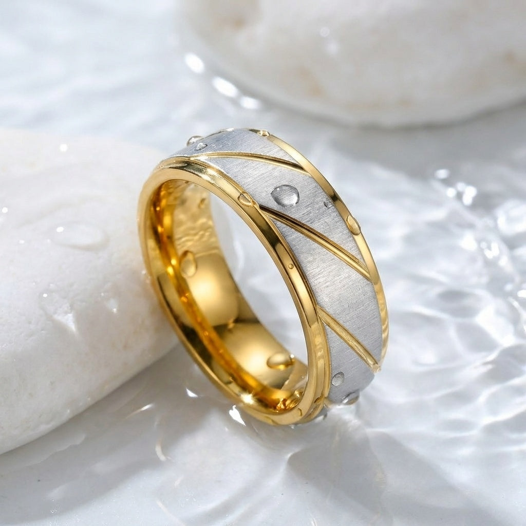 Textured Titanium Steel Golden Ring | 18K Real Gold PVD Plated– For Men | Includes: Ring