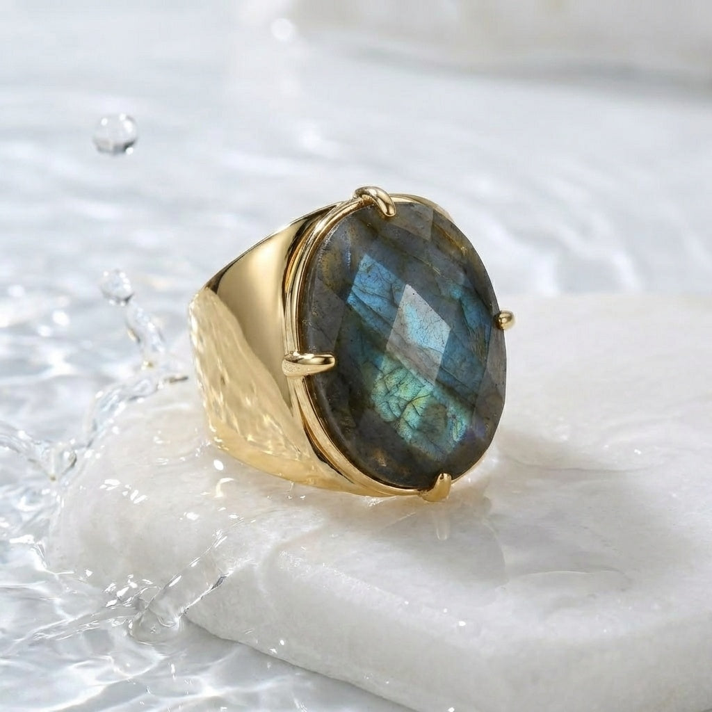 Natural Labradorite Faceted Stone Golden Flexi Size Ring | 18K Real Gold PVD Plated– For Men | Includes: Ring