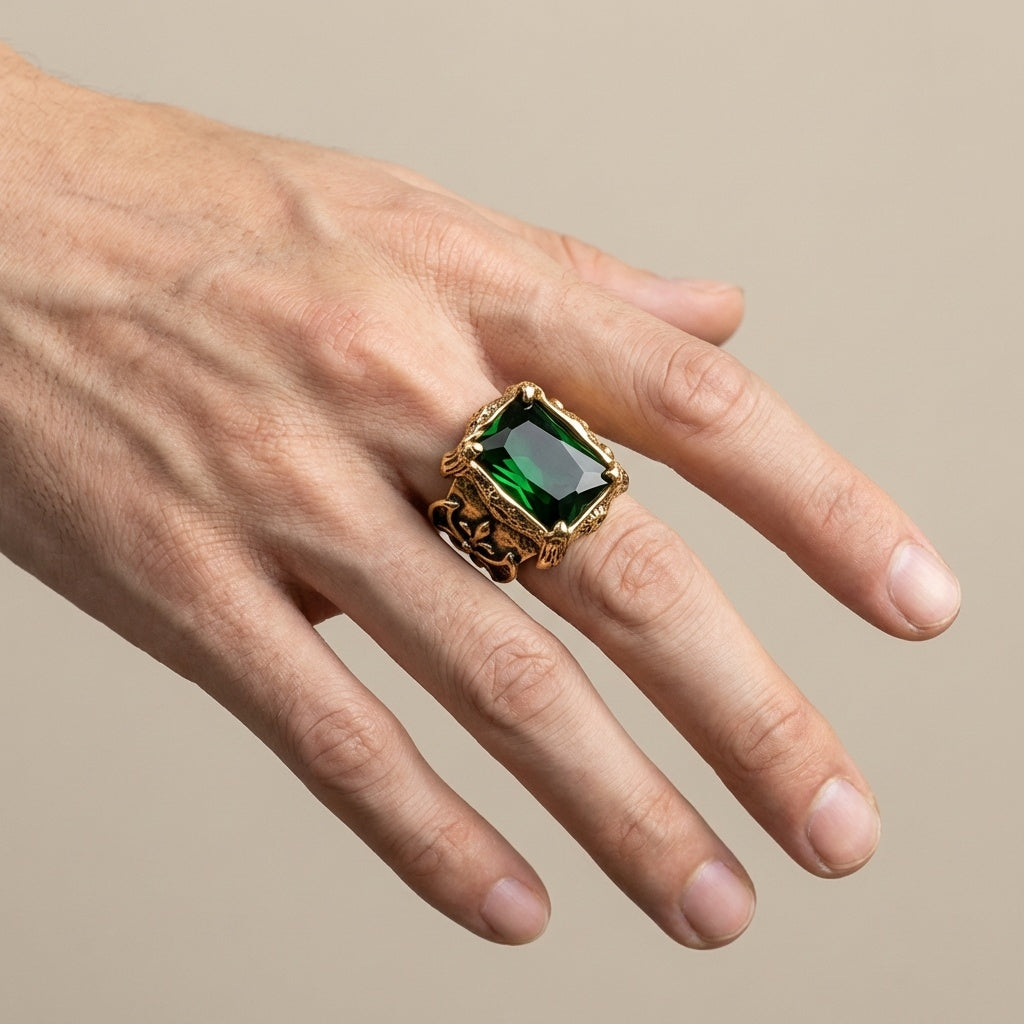 Green Zircon BOLD Iranian Golden Titanium Ring | 18K Real Gold PVD Plated– For Men | Includes: Ring