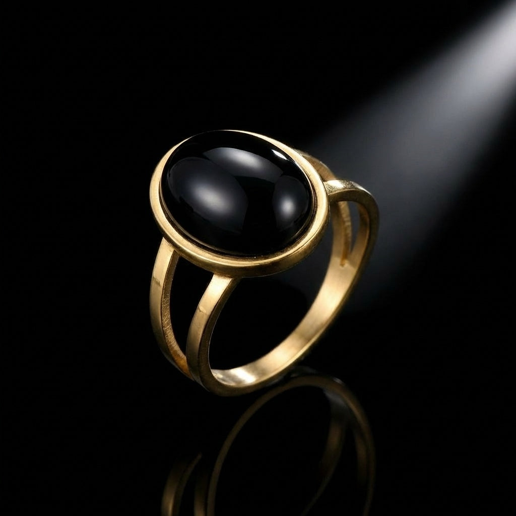 Black Onyx Stone Golden Dual Band Oval Ring | 18K Real Gold PVD Plated– For Men | Includes: Ring