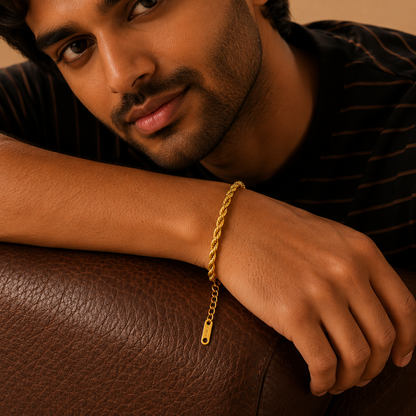 Golden Rope Flexi Size Steel THIN Bracelet (4MM) | 18K PVD Gold Plated- For Men | Includes: Bracelet