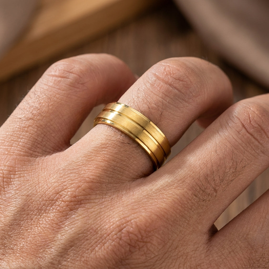 Premium mid-line Golden Steel Ring | 18K Real Gold PVD Plated– For Men | Includes: Ring
