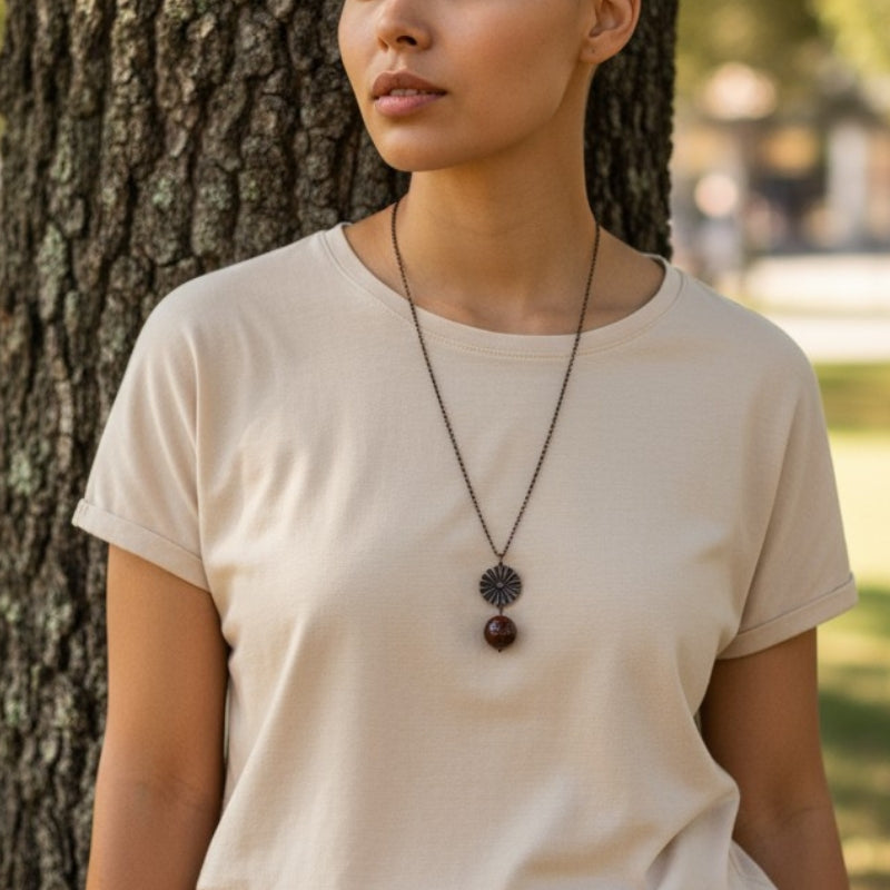 Dainty Bronze Flower Necklace | Red Tiger Eye - For Women | Includes: Necklace