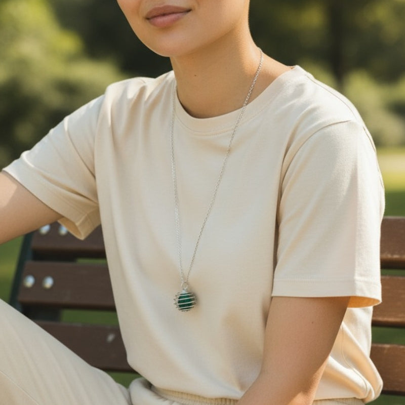 Dainty Whirl Growth Silverish Necklace | Malachite Stone- For Women | Includes: Necklace