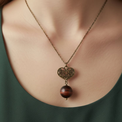 Dainty Bronze Heart Necklace | Red Tiger Eye - For Women | Includes: Necklace