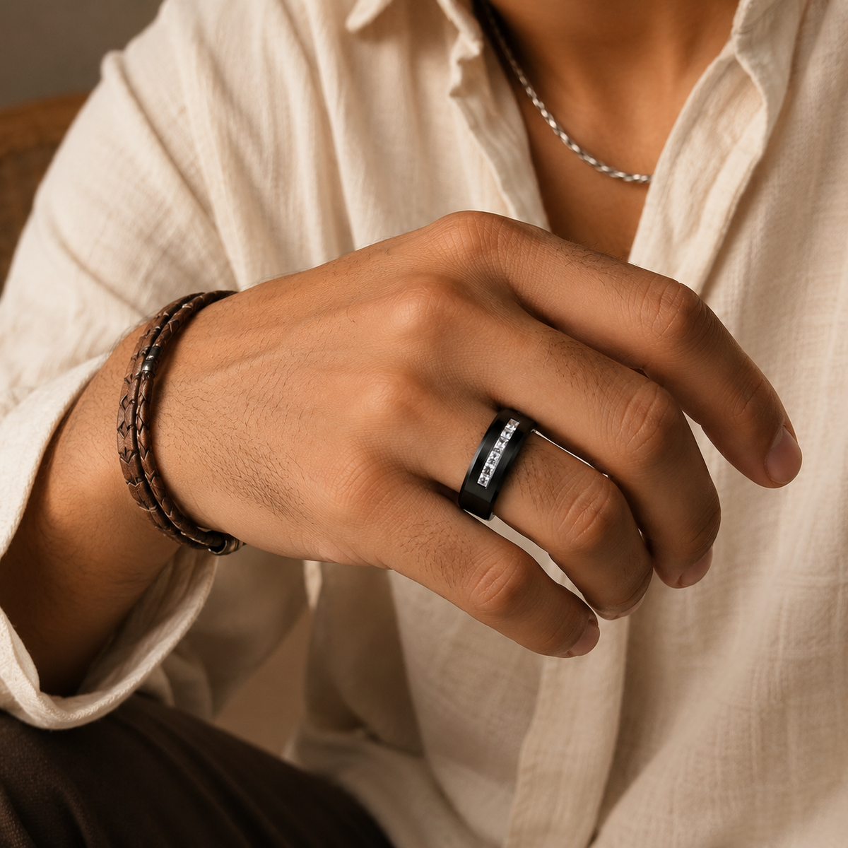 Black Titanium Zircon Stub Modern Ring | PVD Plated– For Men | Includes: Ring