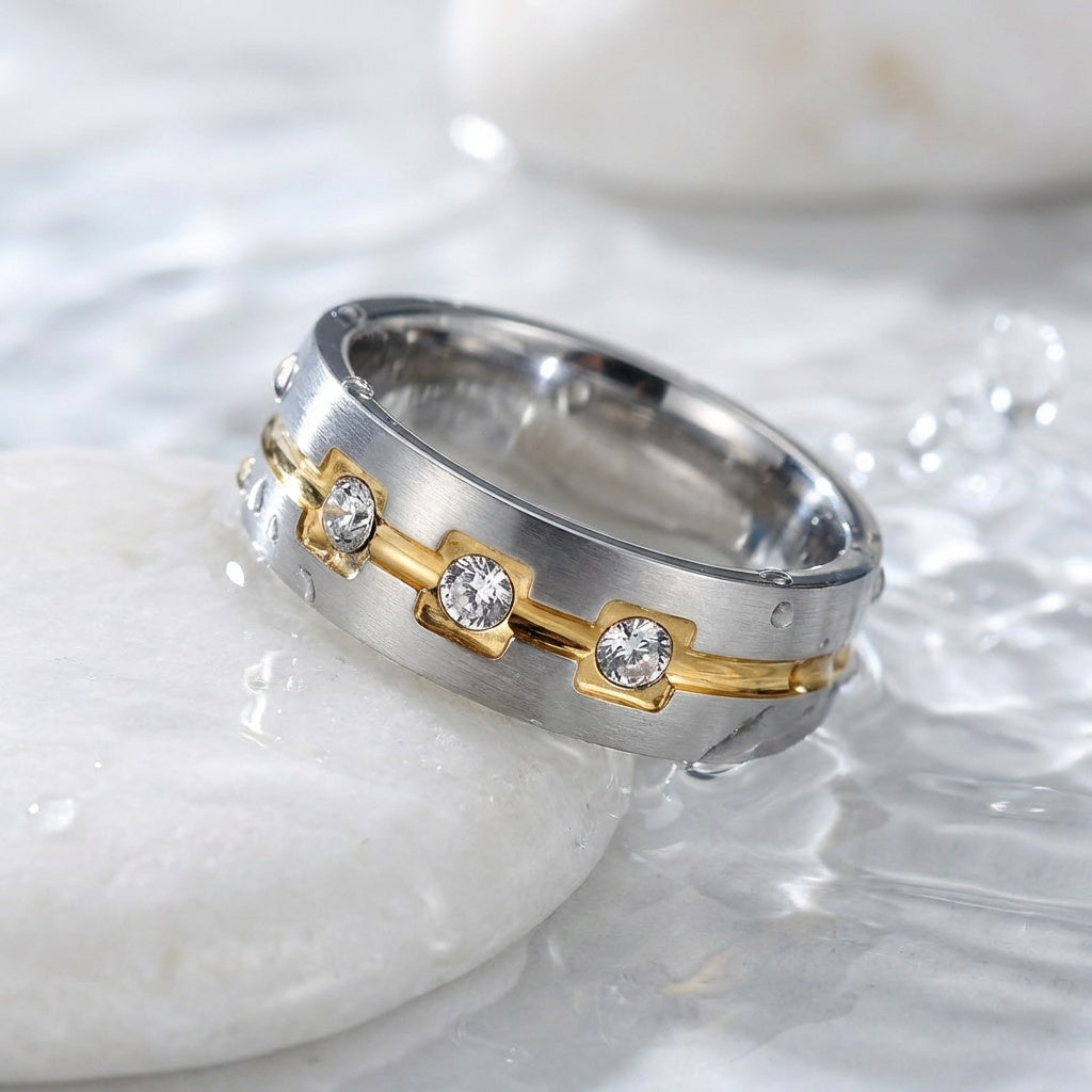 Multi Zircon Titanium Steel Ring | 18K Real Gold PVD Plated– For Men | Includes: Ring