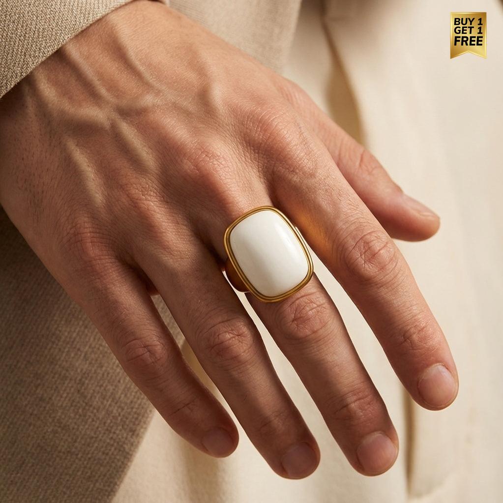 Ultra Bold Natural White Agate Stone Golden Ring | 18K Real Gold PVD Plated– For Men | Includes: Ring