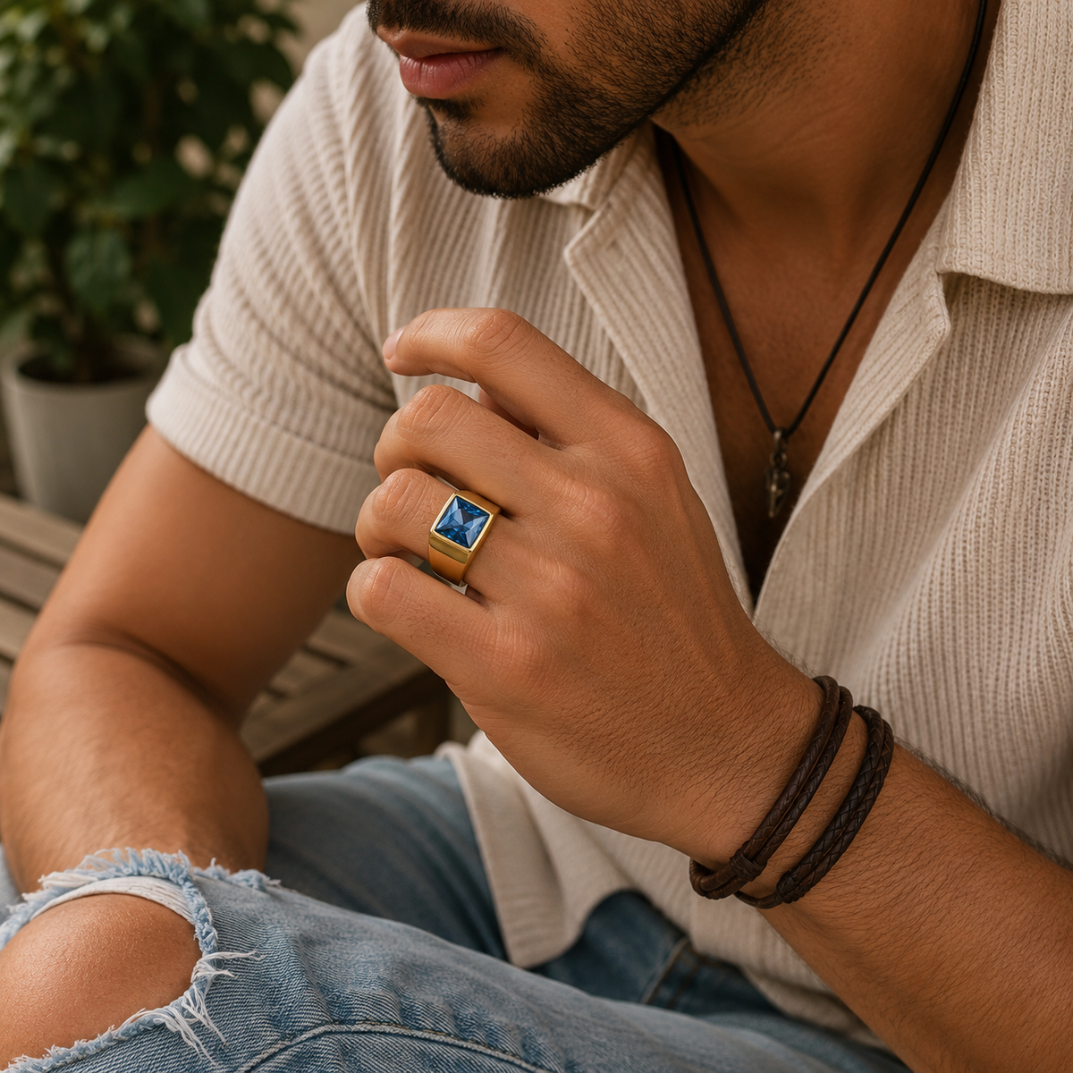Golden Regular Light Blue Square Zircon Titanium Ring | 18K Real Gold PVD Plated– For Men | Includes: Ring