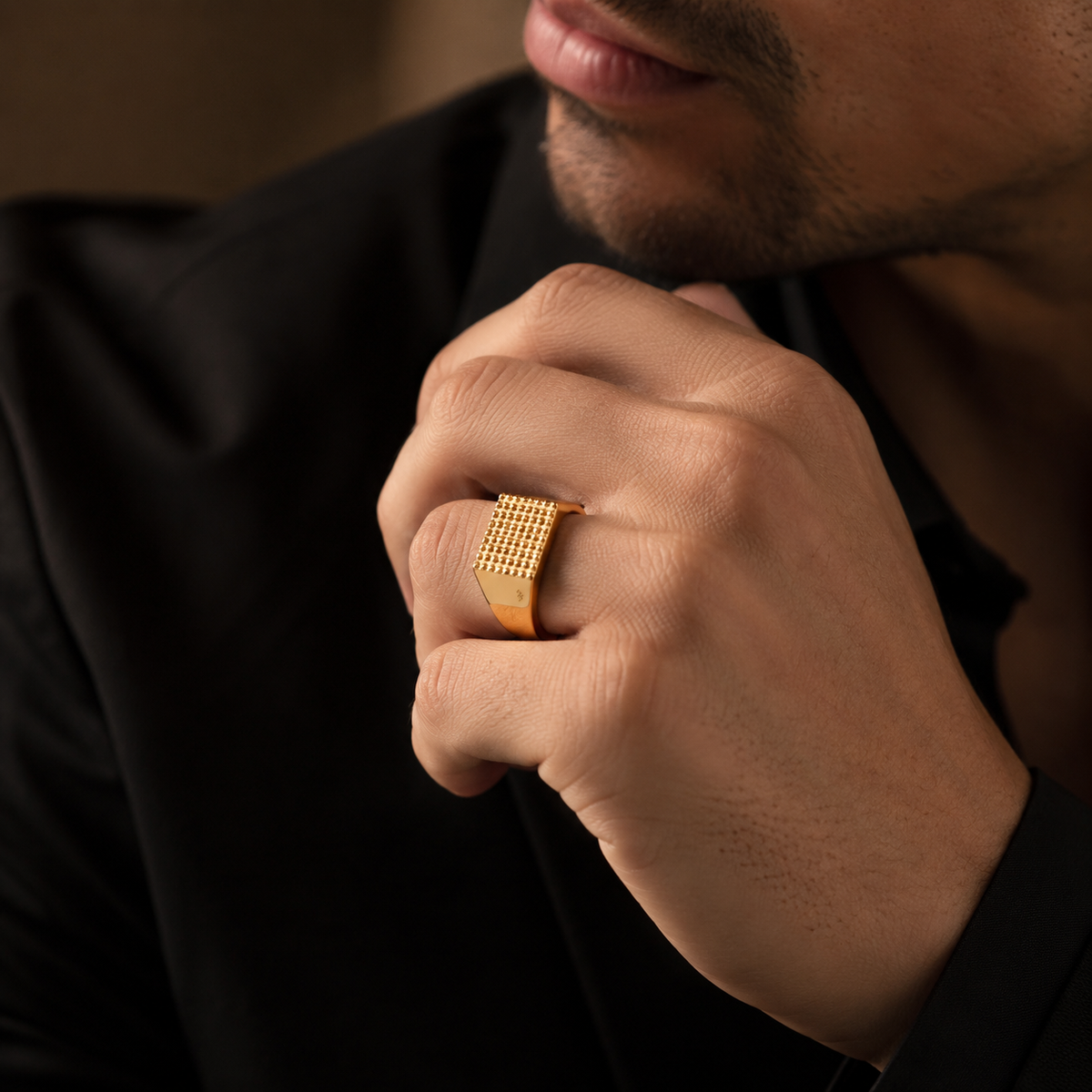 Golden Mosaic Dot Bold Steel Ring | 18K Real Gold PVD Plated– For Men | Includes: Ring