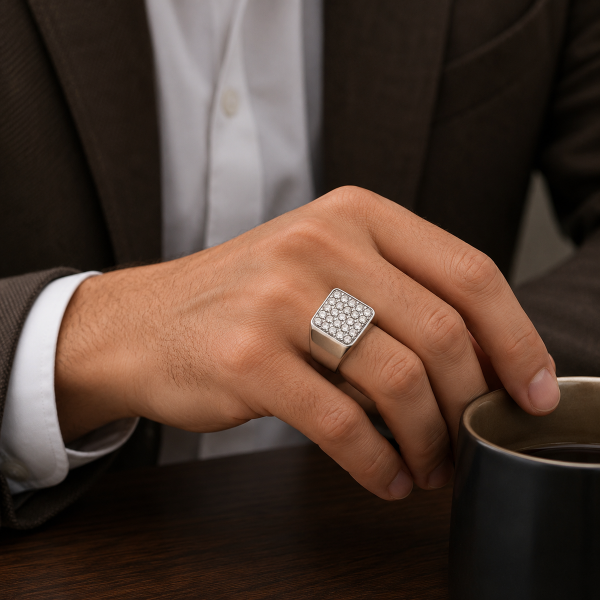 Titanium Multi Zircon Square Inlay Steel Ring | PVD Plated– For Men | Includes: Ring