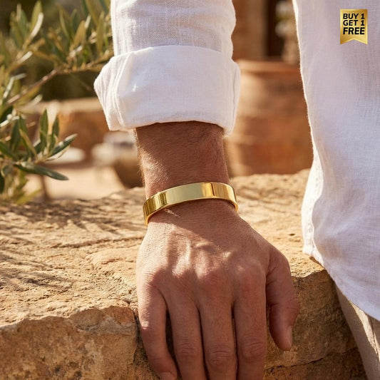 Solid Everyday Cuff REAL GOLD FINISH Bracelet | 18K PVD Gold Plated- For Men | Includes: Bracelet
