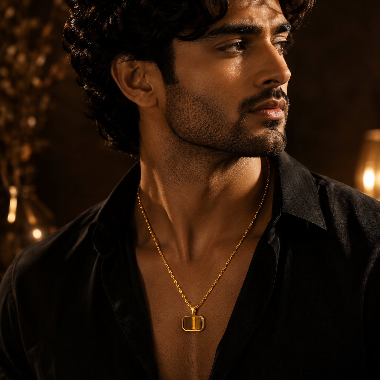 Tiger Eye REAL Stone Men's Necklace | 18K PVD Gold Plated - For Men| Includes: Necklace