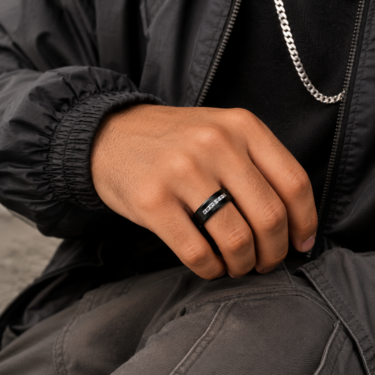 Black Titanium Zircon Stub Modern Ring | PVD Plated– For Men | Includes: Ring