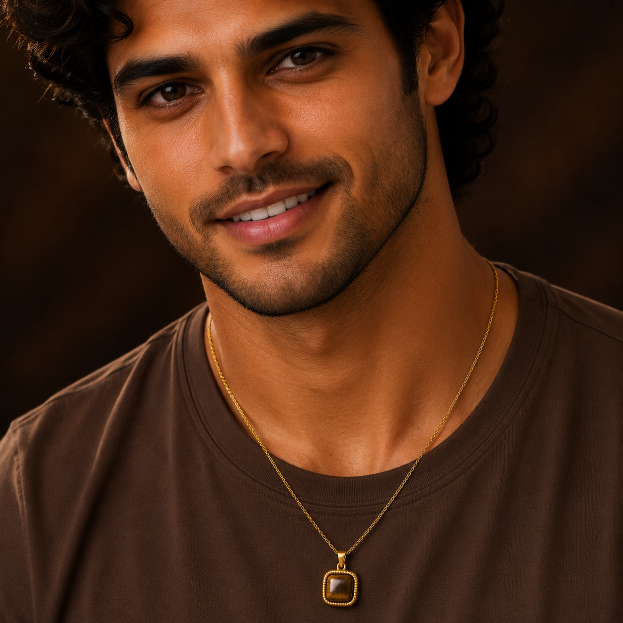 Tiger Eye Center Piece Men's Dainty Necklace | 18K PVD Gold Plated - For Men| Includes: Necklace
