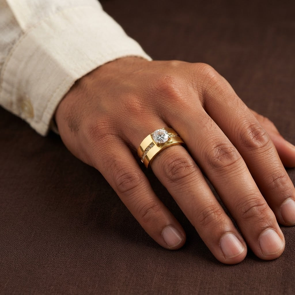 Classic Band Solitire Clear Zircon Ring | 18K Real Gold PVD Plated– For Men | Includes: Ring